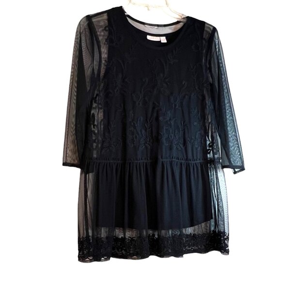 LOGO Lavish Black Sleeveless Cotton Tank w/Sheer Black Lacy Overlay, Size XXS - Picture 7 of 7